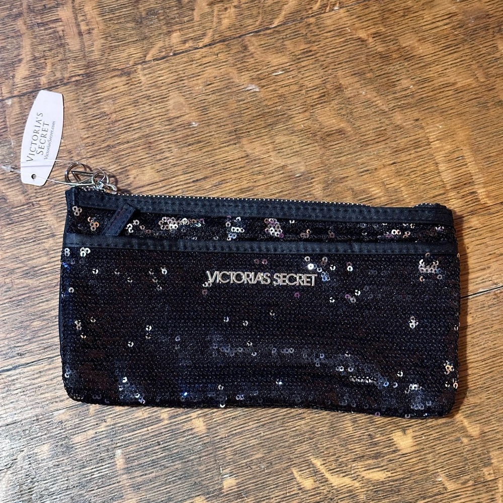 Victorias Secret Clutch Sequins All Over Black Spell‎ Out Silver VS Logo Zip Top